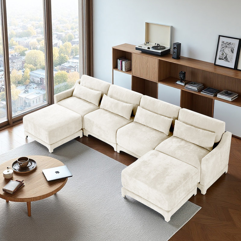 Canapé 4 places, canapé en forme de U, 1 repose-pieds mobile, tissu chenille, structure en bois massif, convient aux salons, hôtels, salons