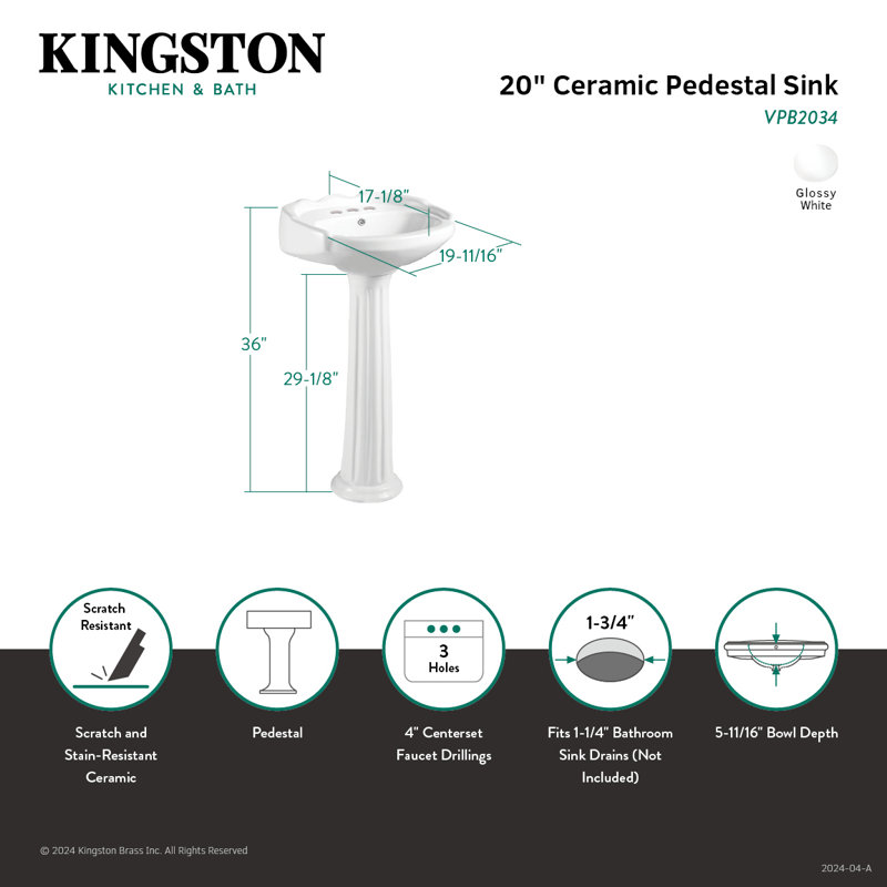 Kingston Brass Stuart 20-Inch Ceramic Pedestal Sink (4-Inch, 3 Hole)
