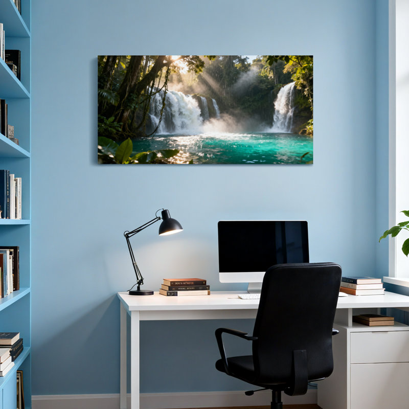 Paysage et nature, cascades ensoleillées dans un paradis luxuriant, H 16 po x l 32 po