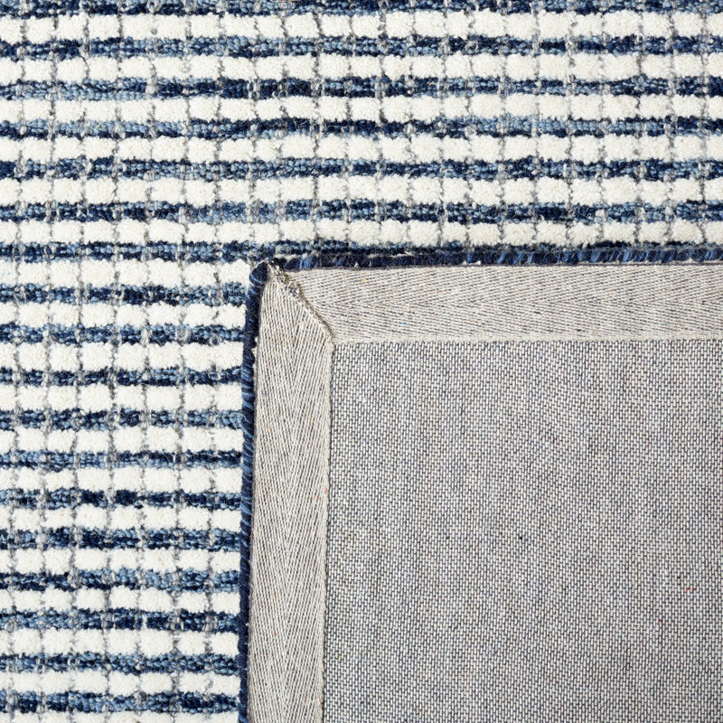 Handmade Blue and Ivory Wool Striped 3' x 5' Rug