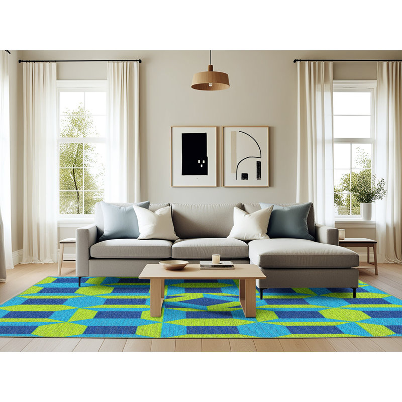 Tapis vert/bleu léger tissé électrique, Rectangle 6 pi x 9 pi