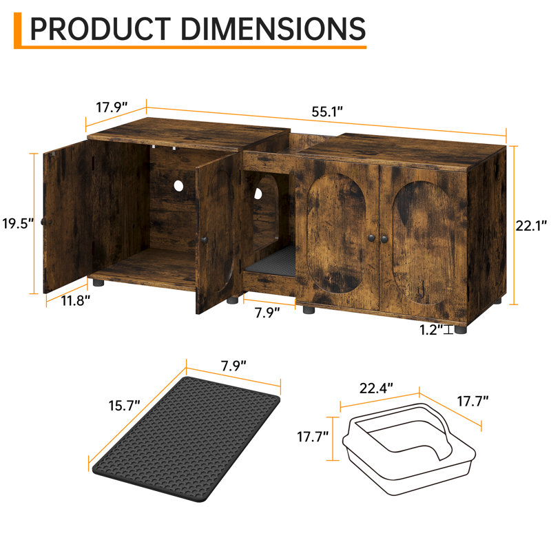 Extra Large Double Cat Litter Box Enclosure for 2 Cats | Hidden Cabinet with Ventilation, Litter-Trapping Mat & Upper Storage, Multi-Purpose Pet Side Table