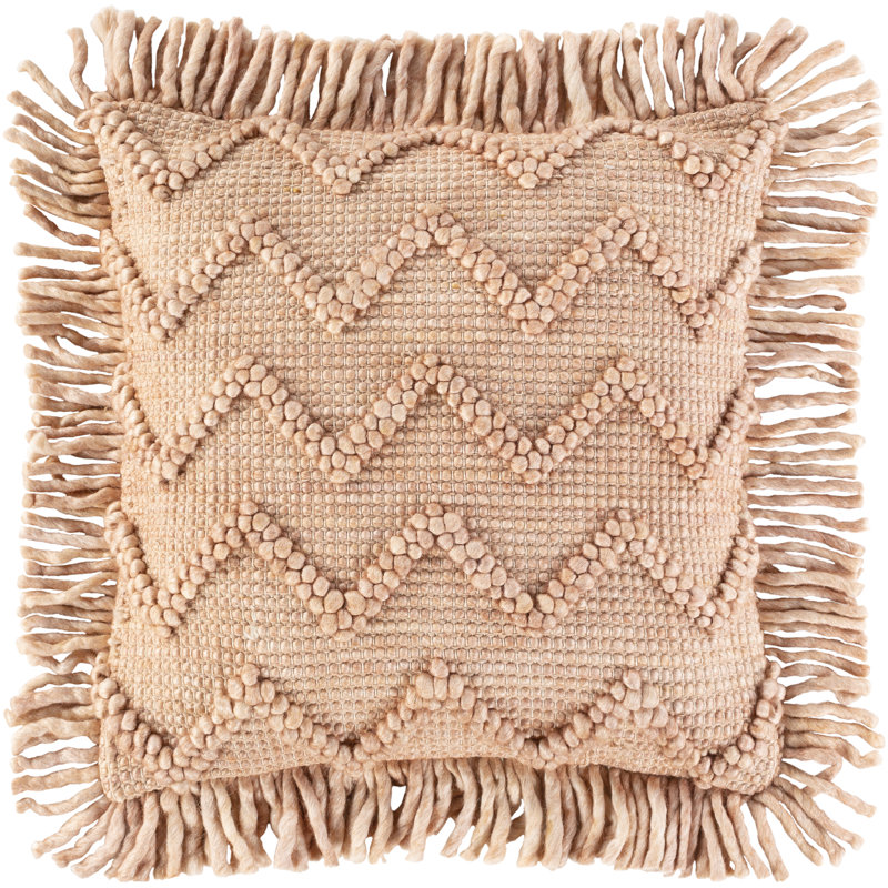 Fringed Wool Blend Reversible Pillow Cover, Beige/Pale Pink