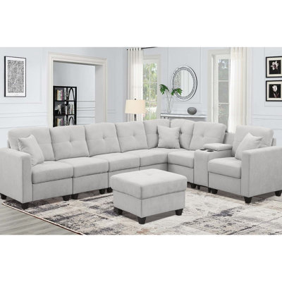 Canapé modulaire à 7 places en gris, microfibre veloutée, conception en peau, deux porte-gobelets et structure en bois massif, tissu en velours doux, coussins à haute densité, utilisation prolongée, supports, support