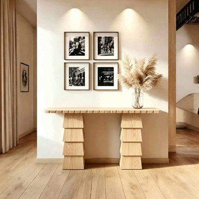 Modern-style solid wood console table.