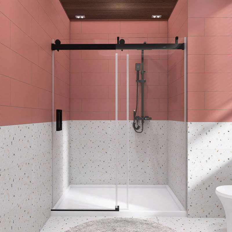 Porte de douche coulissante sans cadre avec verre trempé l 72 po x H 76 po, Noir mat