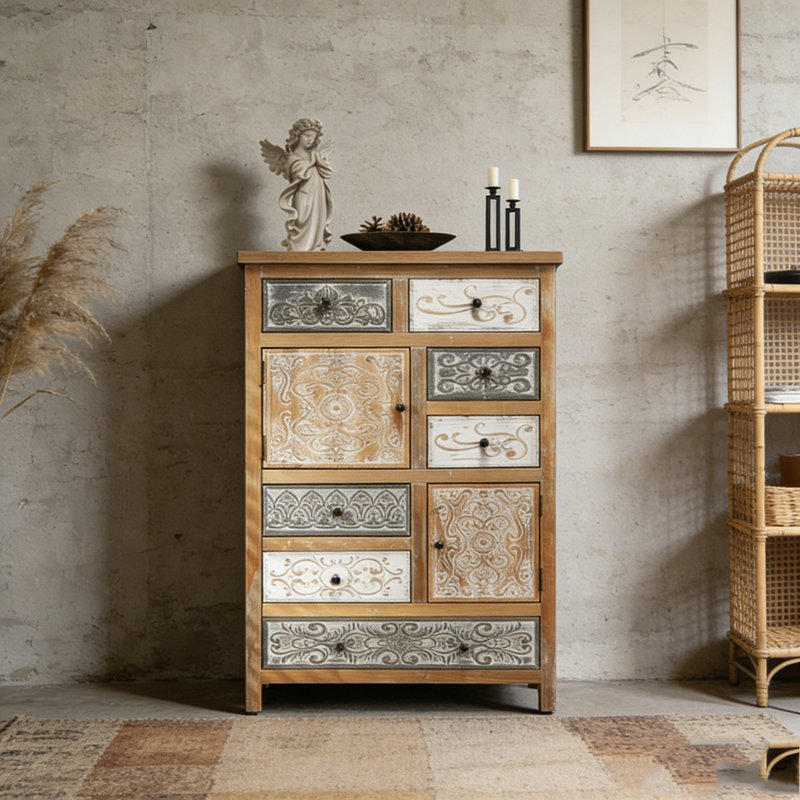 Grande armoire d'appoint vintage en bois avec 6 tiroirs et 2 portes
