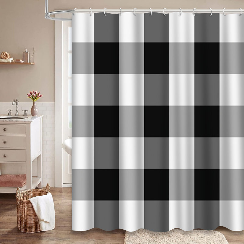 Rideau de douche noir et blanc écossais tartan à carreaux avec 12 crochets, L 72 po x l 78 po