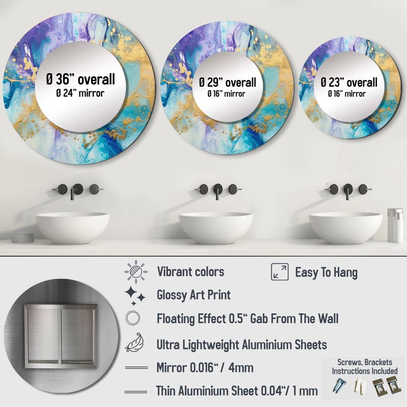 Turquoise and Purple Liquid Art IV - Fractals Mirror, Turquoise Round Unique Wall Mirror, Printed Metal Art, 23" x 23"