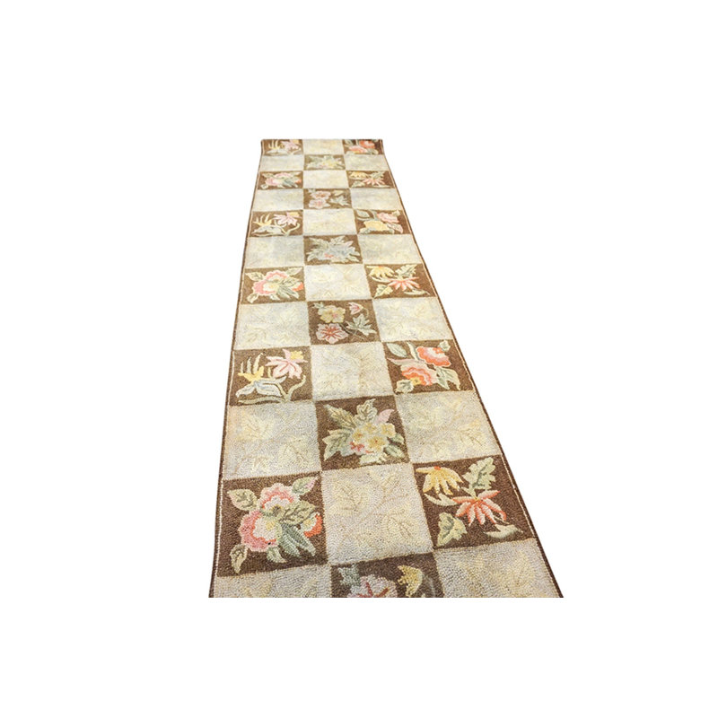 Vintage Mid-20th Century Floral Ivory Brown Checkerboard American Hooked Hall Runner Rug