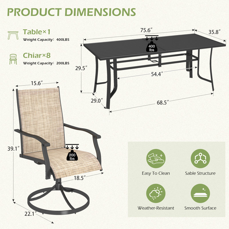 9 Piece Patio Dining Set, Outdoor Dining Table And Chairs Set For 8, 8 Swivel Chairs, 1 Iron Rectangular Table With Adjustable Umbrella Hole, Patio Furniture Set For Deck, Backyard, Lawn, Poolside, Brown/gray/blue