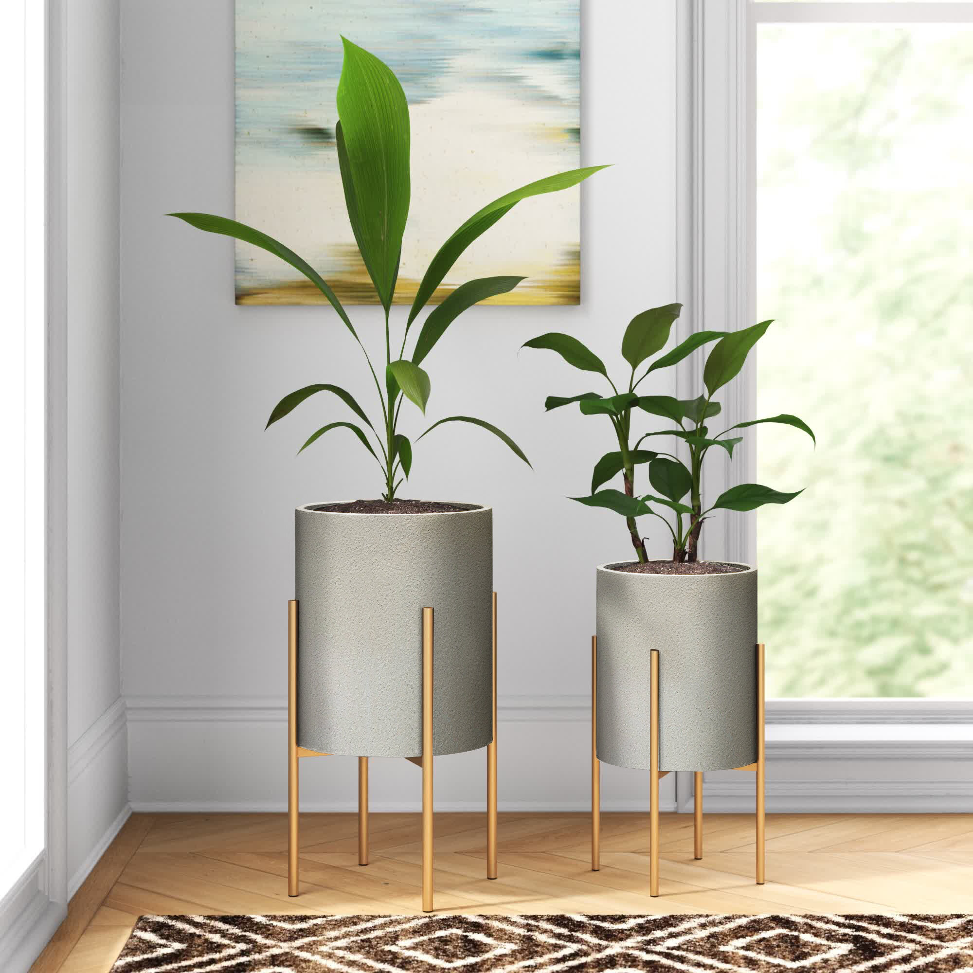 Mid Century Planters with Metal Stand (Set of 3) - Modern Decorative Plant  Pot and Flower Holder with Iron Stand for Corner Display- Indoor Plant Stand  for Home Decor, Golden