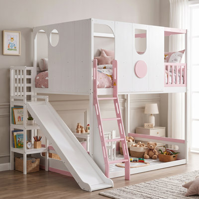 Lit mezzanine pour enfant (taille standard) avec glissade, lit superposé cabane, étagères de rangement, barrières de sécurité et échelle, blanc et rose