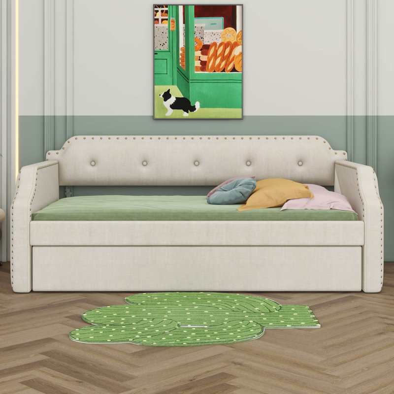 Twin Size Linen Upholstered Daybed With Trundle, Wooden Frame Armrests Bed W/Wood Slat Support, Arched Back & Nailhead Trim