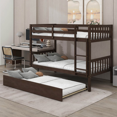 Twin Over Twin Rubber Wood Bunk Bed With Trundle, Convertible Into 2 Beds