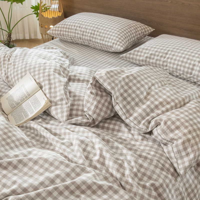 MooMee Gingham Duvet Cover Set 100% Washed Cotton Linen Like Lightweight, Tannish Linen Gray