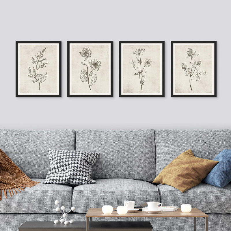 Fleurs abstraites botaniques encadrées sur papier, impression de 4 pièces, H 10 po x l 8 po, Noir