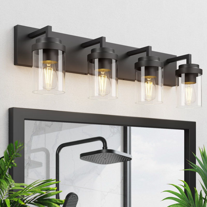 Bathroom Vanity Light with Glass Shade, Clear, Matte Black, 4