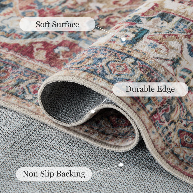 Oriental Inspired Vintage Machine Washable Area Rug with Non-Slip Backing for  High Traffic Area, Living Room, Bed Room, Kitchen, Hallway Runner, Entryway Rug
