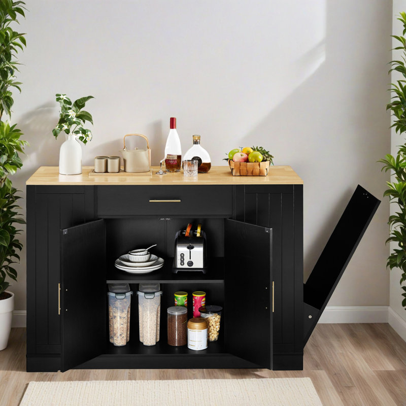 Îlot de cuisine de 53,22 po avec plateau en bois massif, armoire de rangement et plateau rabattable, porte-serviettes pour la cuisine et la salle à manger