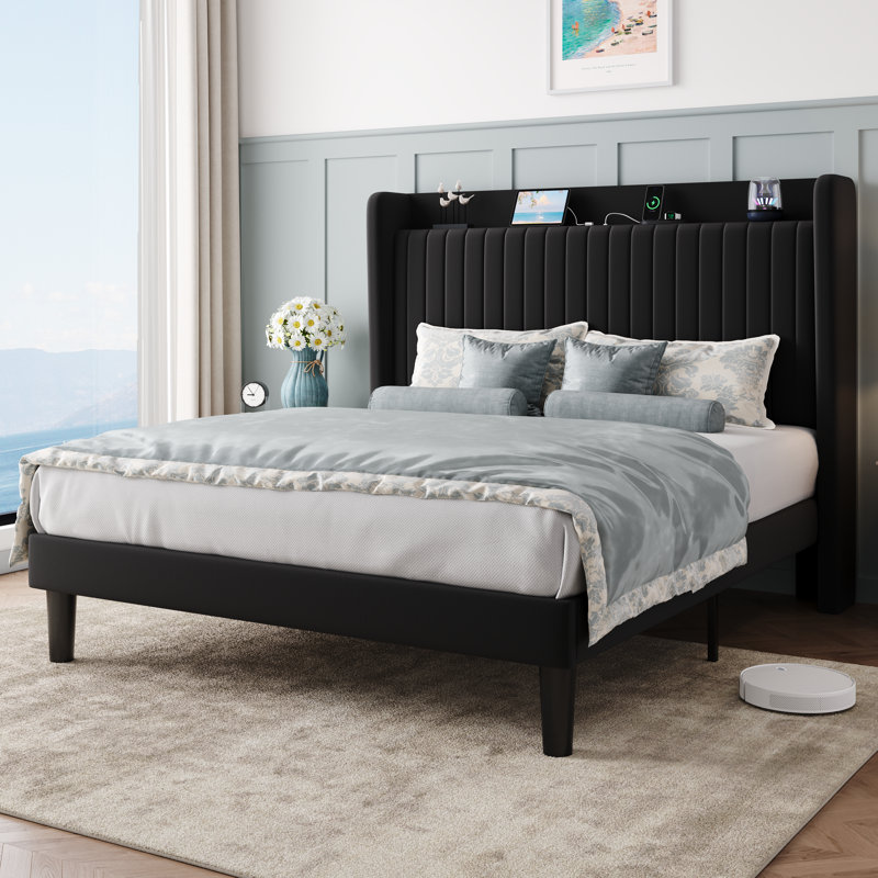 Chic Velvet Upholstered Platform Bed With Storage Shelf And Charging Station Wingback Headboard, Wooden Slats, Black, Queen