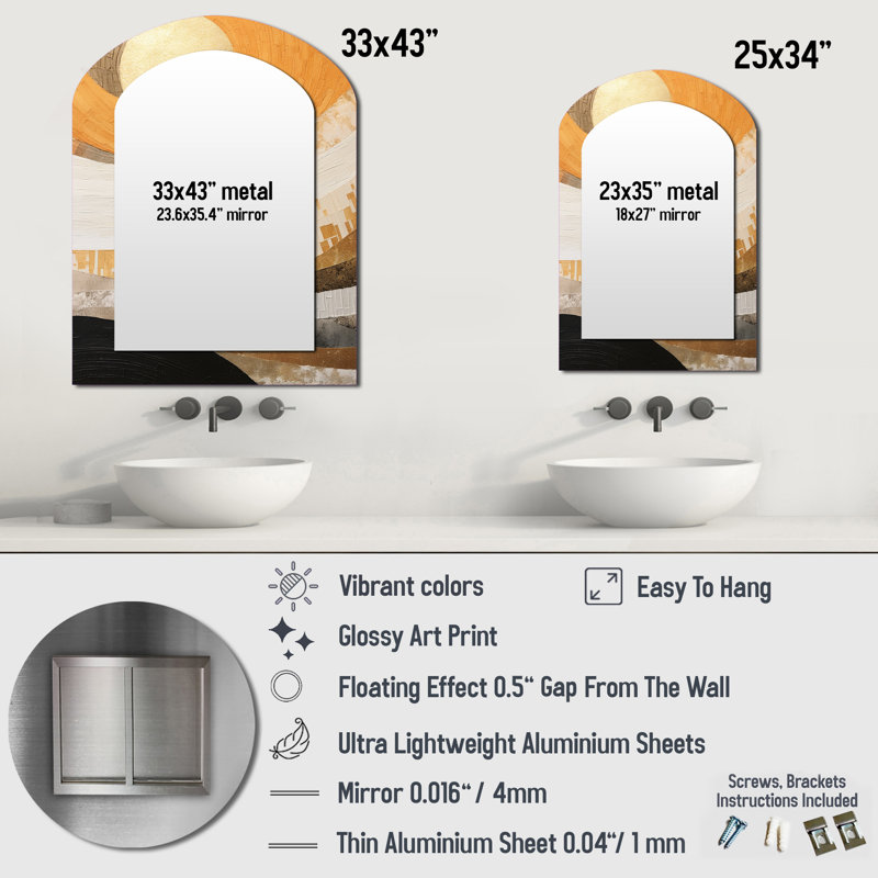 Géométrique Golden Beige Sunset Harmony II - miroir mural asymétrique beige, miroir décoratif arqué traditionnel, impression d'art en métal