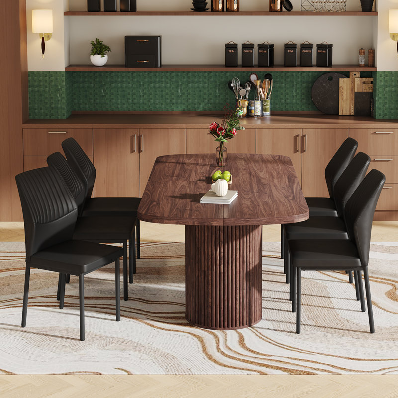 Ensemble de table de salle à manger 78,7 po, 7 pièces : table, 6 chaises, Noir, Bois brun / bois brun