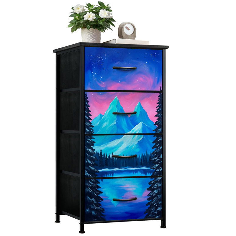 Rustic Dresser for Bedroom with 4 Storage Drawers Vibrant Mountain Landscape Pine Trees Lake Twilight Dressers Chest of Drawers Steel Framed Fabric Closet Organizers for Dorm Entryway
