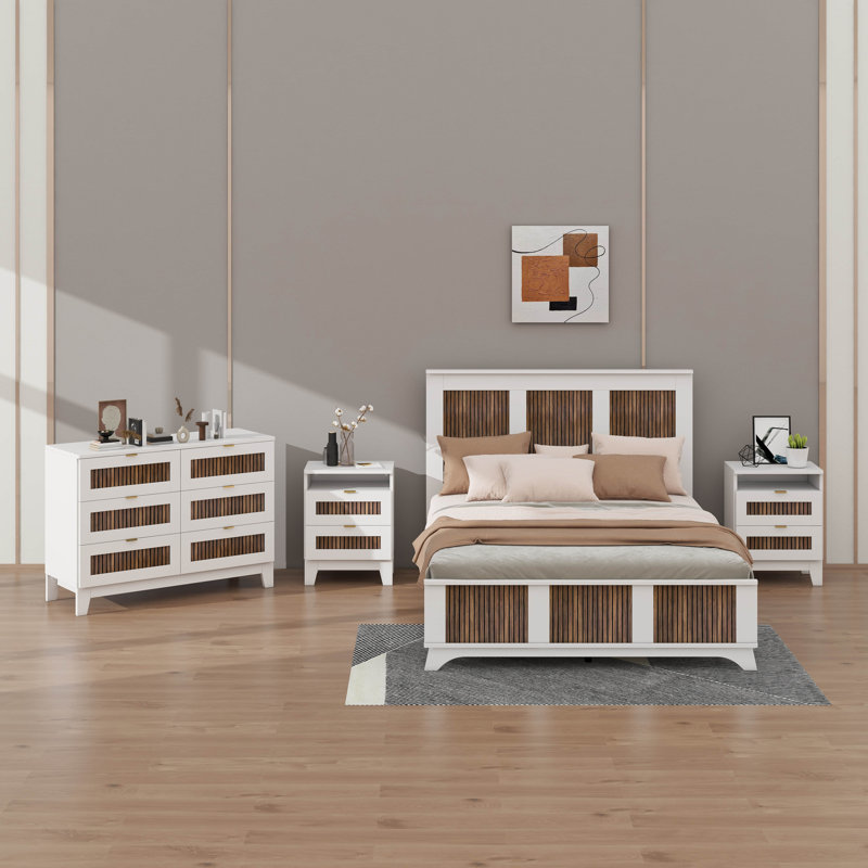 Ensemble de chambre à coucher 4 pièces, lit plateforme grand format avec autocollants en bois, table de chevet et commode avec poignée en métal