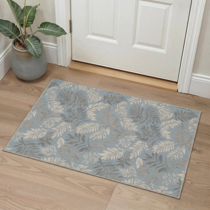 Aethel Tropical Floral Machine Washable Blue / Beige / Grey Indoor Area Rug with Non-Slip Backing, Rectangle 5' x 7'