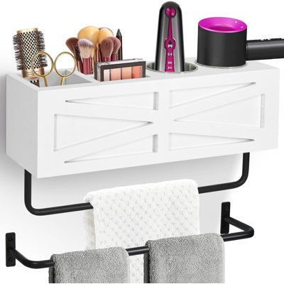 Hair Dryer Holder Wall Mount, Wood Hair Tool Organizer, White Hot Tools Organizer With 2 Towel Bars, Rustic Bathroom Organizer Blow Dryer Holder For B -  Gracie Oaks, 877AC6F0D74740B78289149A25E5EFEC