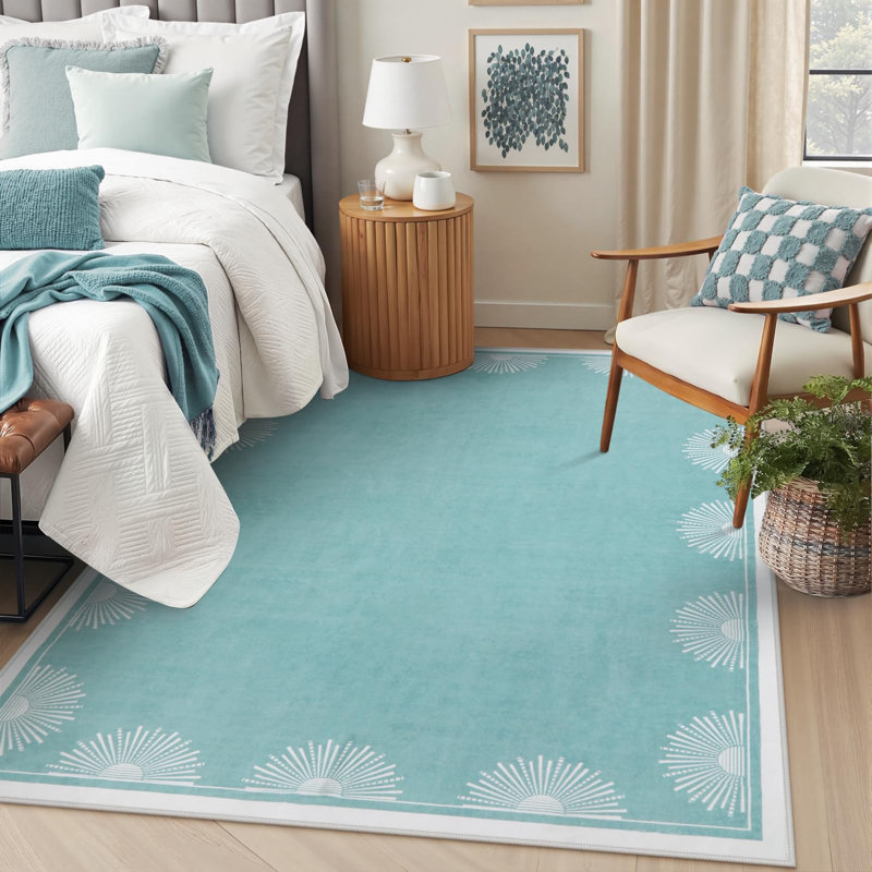 Modern Washable Bedroom Rugs Low Pile Soft Rug for Living Room Aqua Sun Printed Dining Room Rugs for Under Table Throw Carpets for Nursery Kids