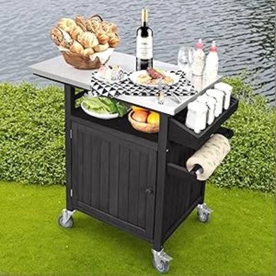 Portable Grill Cart And Outdoor Kitchen Storage Bar Cart With Stainless Steel Top And Rolling Wheels (Walnut)