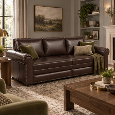 93.7" Chesterfield 3-in-1 Faux Leather Pull-Out Sleeper Sofa with Rolled Arms & Nailhead Trim