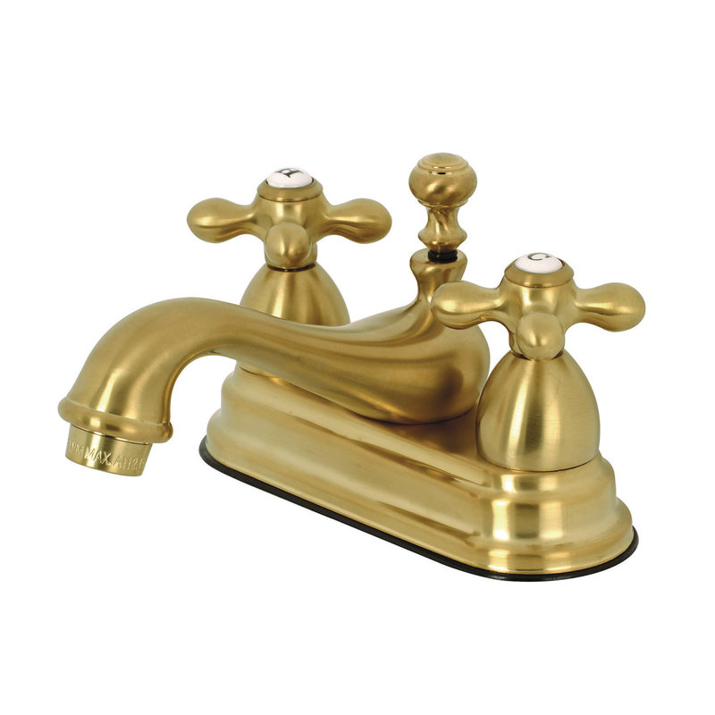 Kingston Brass Restoration Two-Handle 3-Hole Deck Mount 4" Centerset Bathroom Faucet with Brass Pop-Up, Satin Brass