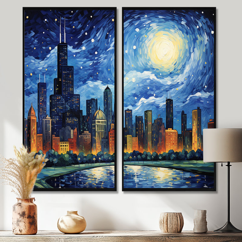 «Chicago The Starry Night», art mural sur toile Chicago, 40" H x 40" W, Impression encadrée flottante, Black