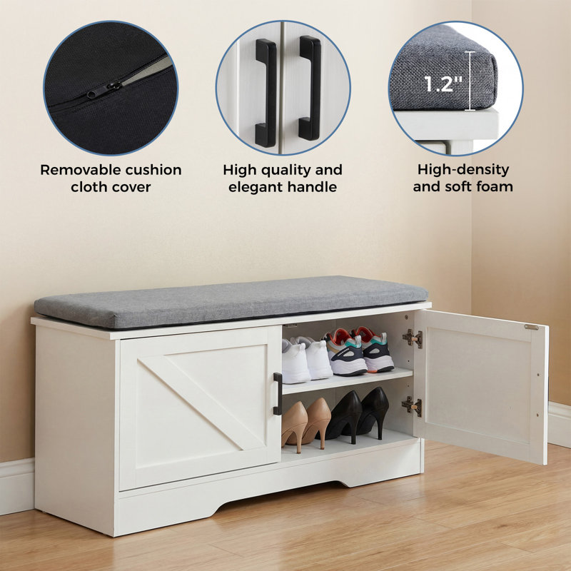 39.4" Storage Bench with Shoe Storage, 2-Tier Entryway Bench with Adjustable Shelf and Removable Cushion