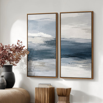 Ensemble de 2 toiles encadrées, motif abstrait côtier bleu marine et gris – 152 x 51 cm et 152 x 76 cm.