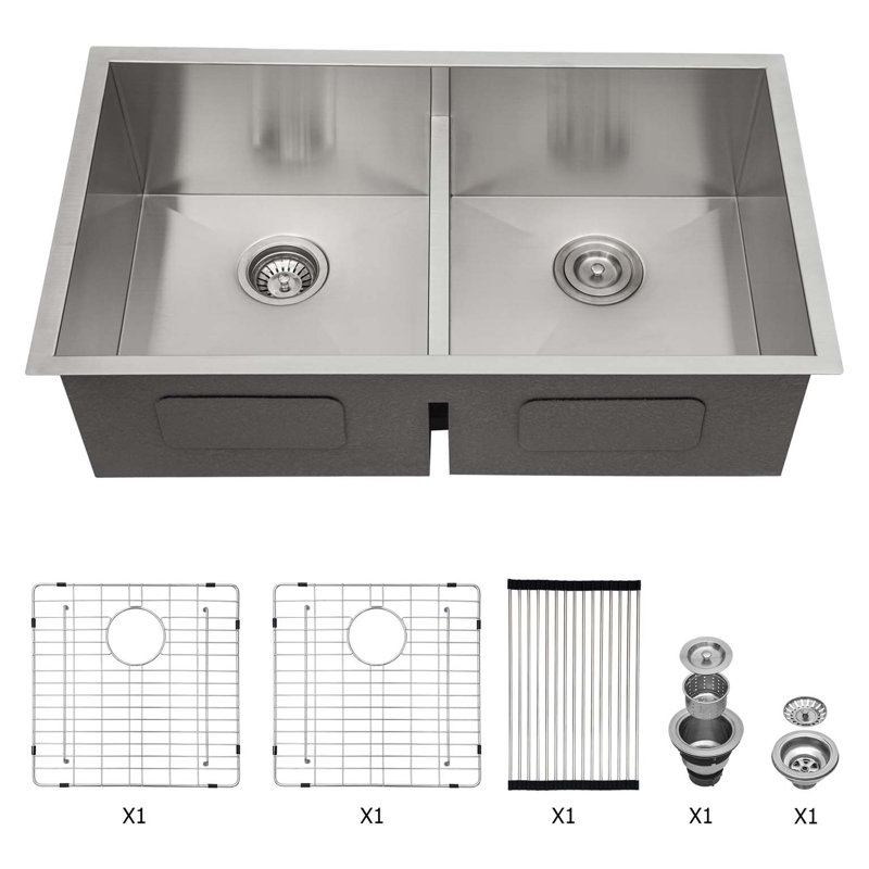 Évier de cuisine à double cuve 33 po x 19 po x 10 po (50/50) - Évier de cuisine à double cuve 33 po x 19 po de calibre 16 avec deux cuves profondes de 10 po