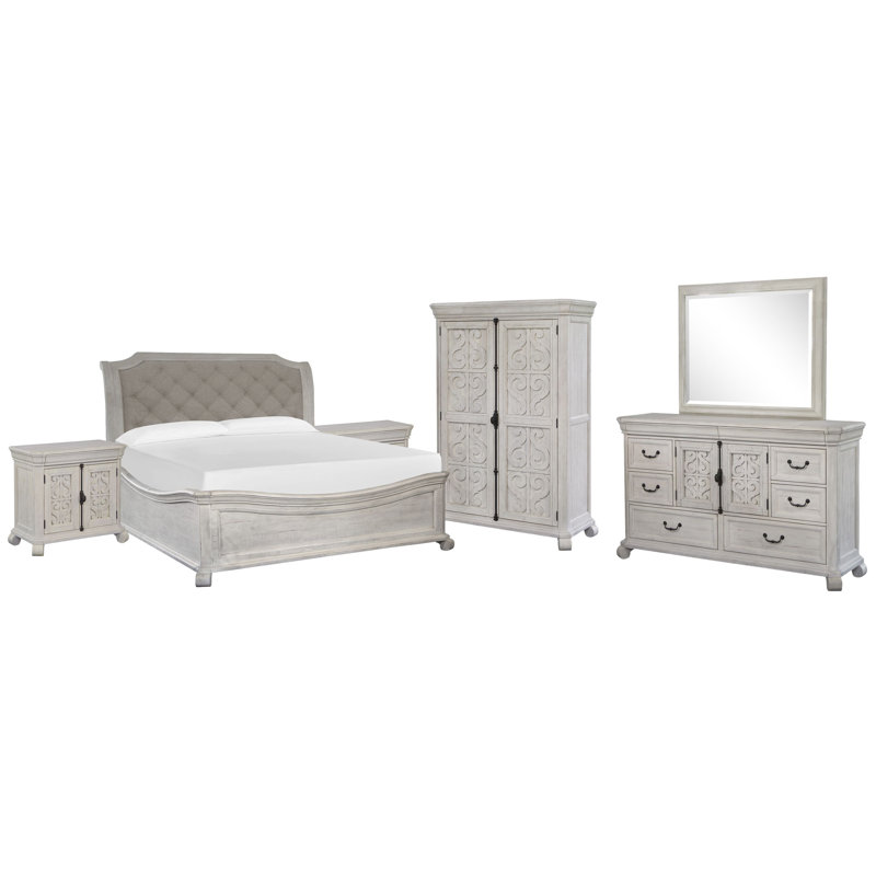 Grand lit-bateau 2 tiroirs avec commode avec miroir de paysage et armoire, 6 pièces : Lit, 2 tables de chevet, commode, miro