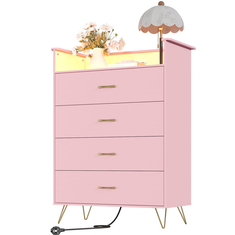 4 Drawer Dresser with Power Outlets & RGB LED Lights, Tall Modern Wood Storage Chest with App Control, Pink