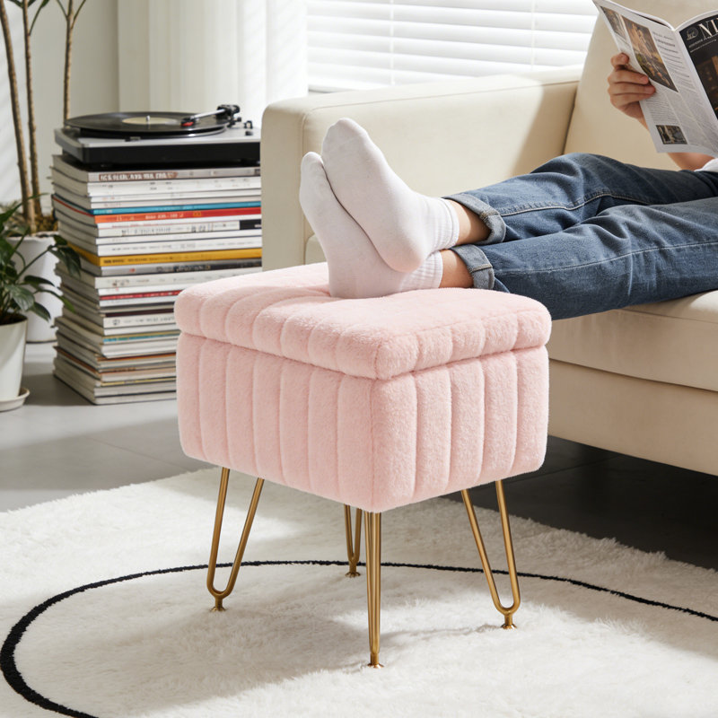 Modern Velvet Storage Vanity Stool Cozy Faux Fur Cushioned Accent Chair Pink, Pink