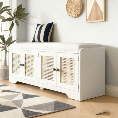 Banc de rangement Banc de rangement pour chaussures en bois multifonctionnel avec coussin amovible, portes en rotin tissé et tablettes réglables