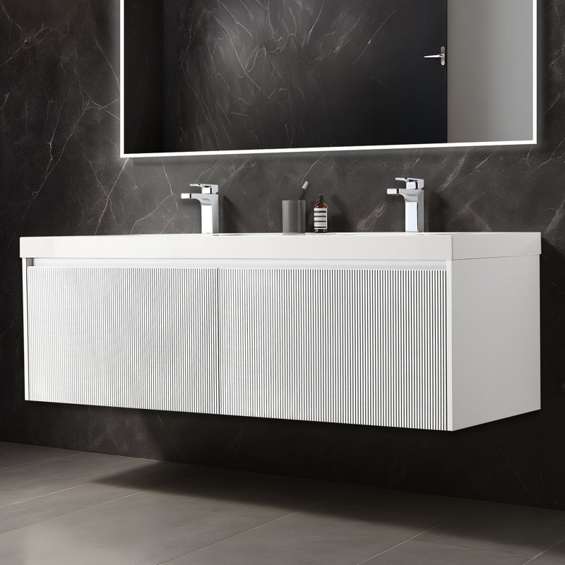 Annaliya 60" Floating Double Sink Bathroom Vanity – Wall-Mounted Wood Cabinet with Acrylic Top, Soft-Close Storage & Fluted Front Design