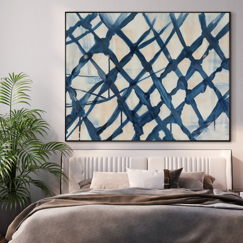 Très grand art mural imprimé sur toile - audacieux motif quadrillé bleu marine abstrait sur fond neutre pour salon ou chambre à coucher