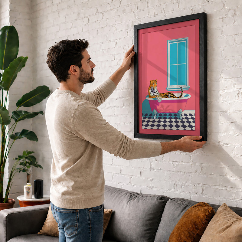 Leopard in the Bath Mid-Century - Framed Print, A3 - 42.0 x 29.7 cm, Black