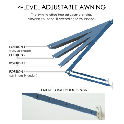 Kozyard Adjustable Door Window Awning – 4-Level Tilt, 68" W × 43 1/2" Sloped Panel, Adjustable Projection 31"–42", Aluminum Frame & Metal Canopy, All-Weather Rain, Snow & UV Protection (Steel Blue)