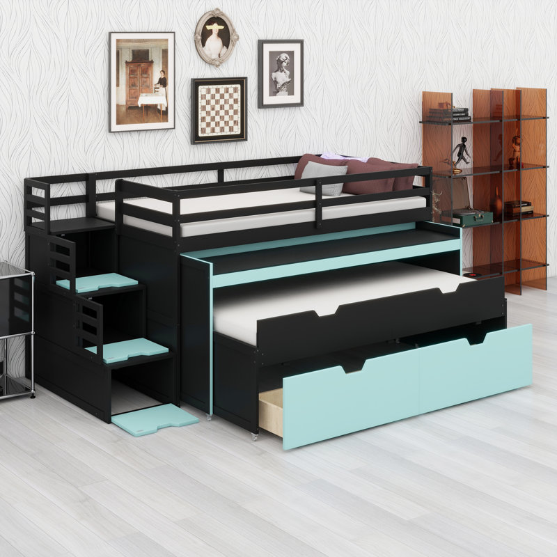 Lit mezzanine avec bureau coulissant, lit gigogne, tiroirs de rangement et marches Gaming & Workstation, Black+Blue