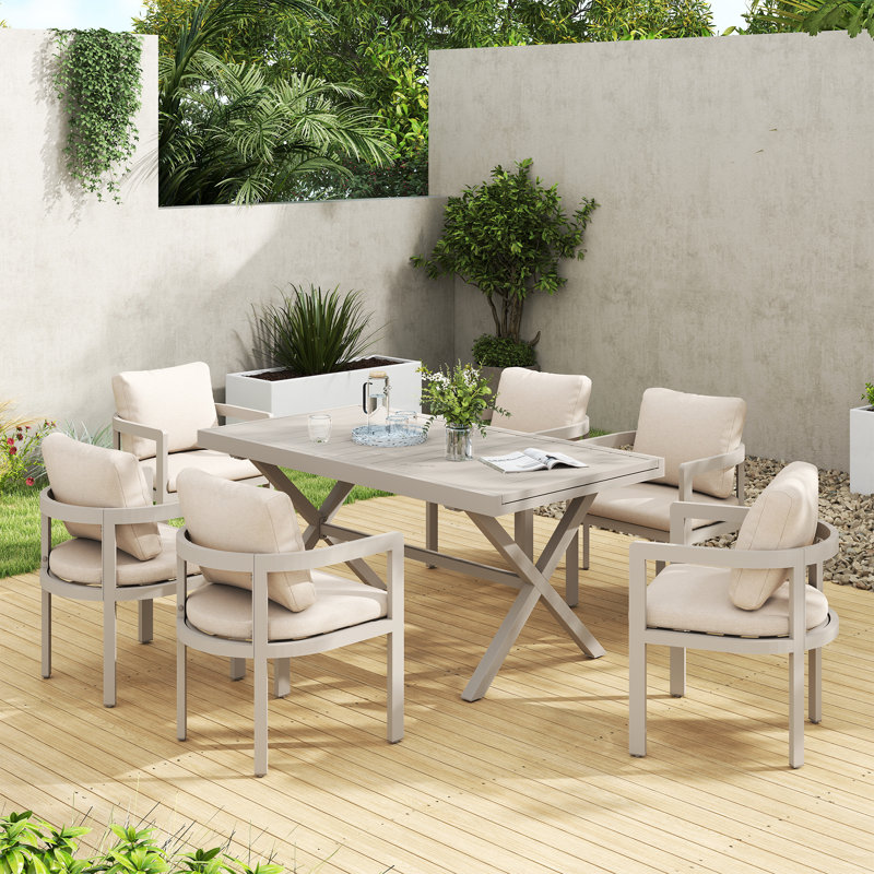 Ensemble de salle à manger d'extérieur 7 pièces, Beige Cushion/Beige Frame