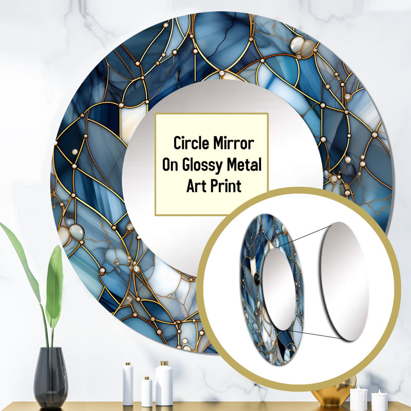 Ribh Fantasy Marble Pattern - marble  Mirror, Blue Round Decorative Wall Mirror, Printed Metal Art, 29" x 29"